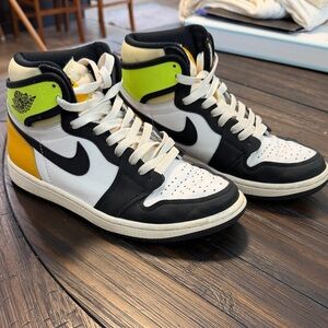 Air Jordan 1 High-Top Sneakers in White, Black, Yellow & Neon Green